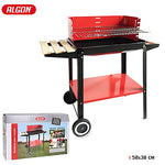 Algon Barbacoa Hierro Grill Grande con Ruedas, Parrilla Zincada Artesanal Rectangular, Carbon Leña, Color Rojo/Negro, 58 x 38 cm