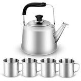 Odoland Kit de Hervidor de Agua y Tazas con 3 litros Hervidor de Té o Café y 4 x Tazas de 260 ml, Hervidor de Camping Senderismo Picnic en Acero Inoxidable Ligero y Resistente