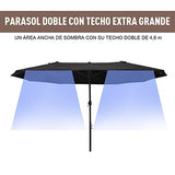 Outsunny Sombrilla Doble Parasol Grande 4.6x2.7m Sombrilla Jardín Patio con Manivela Manual Resistente al Agua y Protección Solar UV para Terraza Playa Piscina Negro