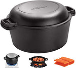 Overmont Olla Holandesa 4.73 L/ 5 Quart Cacerola de Hierro Fundido Tapa de Doble Función Sartén Plancha Pre Sazonado con Cubiertas de Manijas para Camping Cocina Casera Barbacoa Hornear