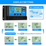 Controlador de Carga Solar de 30A 12V/24V Panel Solar Inteligente Controlador de Carga con Pantalla LCD y Doble Puerto USB para Panel Solar Lámpara Batería y Iluminación LED (30A)