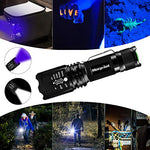 morpilot Linterna Táctica y UV 2 en 1, Linterna LED 500LM, Linterna Militar, Luz UV con 4 Modos, Zoom IN/out, 395nm, Aluminio, Anti-caída, Impermeable IPX4, 3 Baterías Incluidas