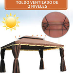 Outsunny Gazebo Pabellón Exterior Jardín 2.9x3.9x2.8m Carpa Cenador de Lujo Marco de Aluminio con Pared Lateral y Mosquitero para Fiesta Eventos