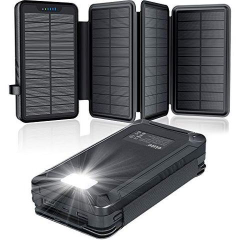 Cargador Solar 26800mAh, Power Bank Solar con 2 Salidas USB y 1 Entrada Micro USB, Impermeable Batería Externa con 4 Paneles Solar Linterna LED para iPhone Android Tabletas Cámara Viajes Camping