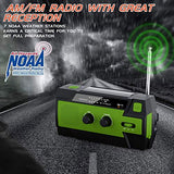 Radio solar AM/FM con manivela portátil, USB, batería recargable de 4000 mAh y manivela dinamo para camping, viajes (verde)