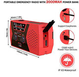 Radio De Emergencia Portátil, Puerto De Carga USB De Manivela Solar Impermeable NOAA Radios Meteorológicas con Am/FM, Alarma, Lámpara De Lectura, Banco De Energía De 2000 MAh