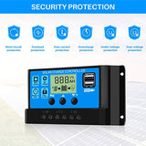 Controlador de Carga Solar de 30A 12V/24V Panel Solar Inteligente Controlador de Carga con Pantalla LCD y Doble Puerto USB para Panel Solar Lámpara Batería y Iluminación LED (30A)