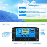 Controlador de Carga Solar de 30A 12V/24V Panel Solar Inteligente Controlador de Carga con Pantalla LCD y Doble Puerto USB para Panel Solar Lámpara Batería y Iluminación LED (30A)