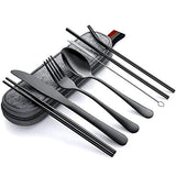 EKKONG 8 Piezas Utensilios portátiles, Juego de Cubiertos para Viaje, Juego de Cubiertos de Acero Inoxidable, Incluye Cuchillo/Tenedor/Cuchara/Palillos/Pajitas/Brocha/Estuche Portátil (Negro)