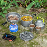 Odoland Kit de Utensilios Cocina Camping con Ollas y Sartén de Acampada Hornillo Camping Hervidor Acampada Tazas Cubiertos Plegable, Set Cocina Camping para Acampada, Senderismo, Picnic y Viaje